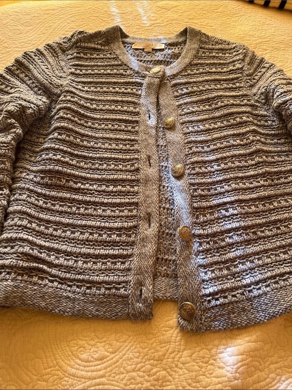 LOFT Girls Gray Knit Button Cardigan with Gold Buttons